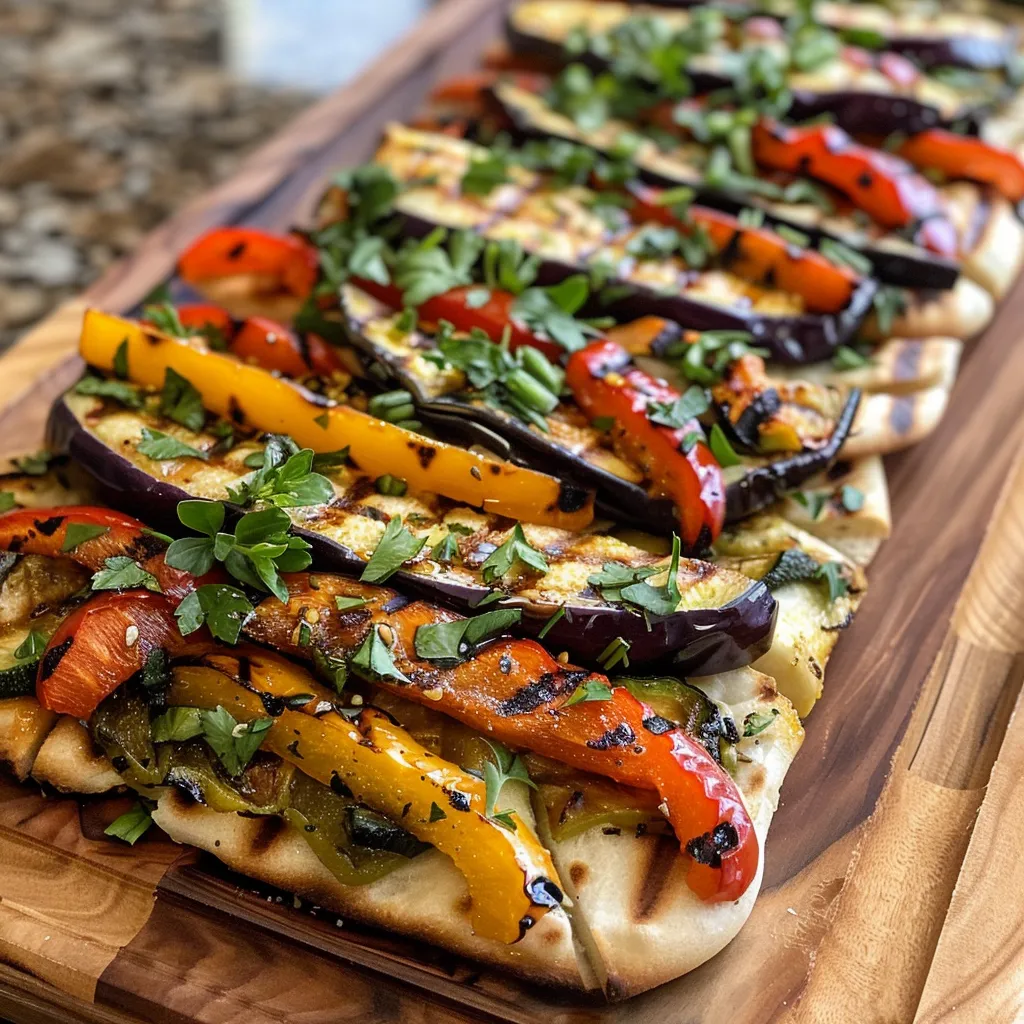 Side view of a Mediterranean flatbread showcasing grilled vegetables and fresh herbs.