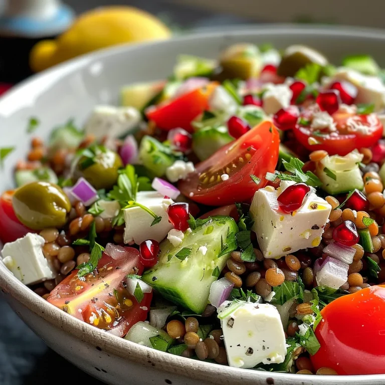 Close-up of a colorful Mediterranean Lentil Salad with fresh vegetables, feta cheese, and pomegranate arils.