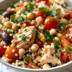 A vibrant Mediterranean Tuna Couscous Bowl featuring colorful ingredients.