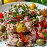 Close-up view of a Mediterranean Tuna Salad with vibrant ingredients.