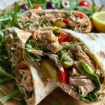 Close-up view of a Mediterranean Tuna Wrap showing layers of ingredients.