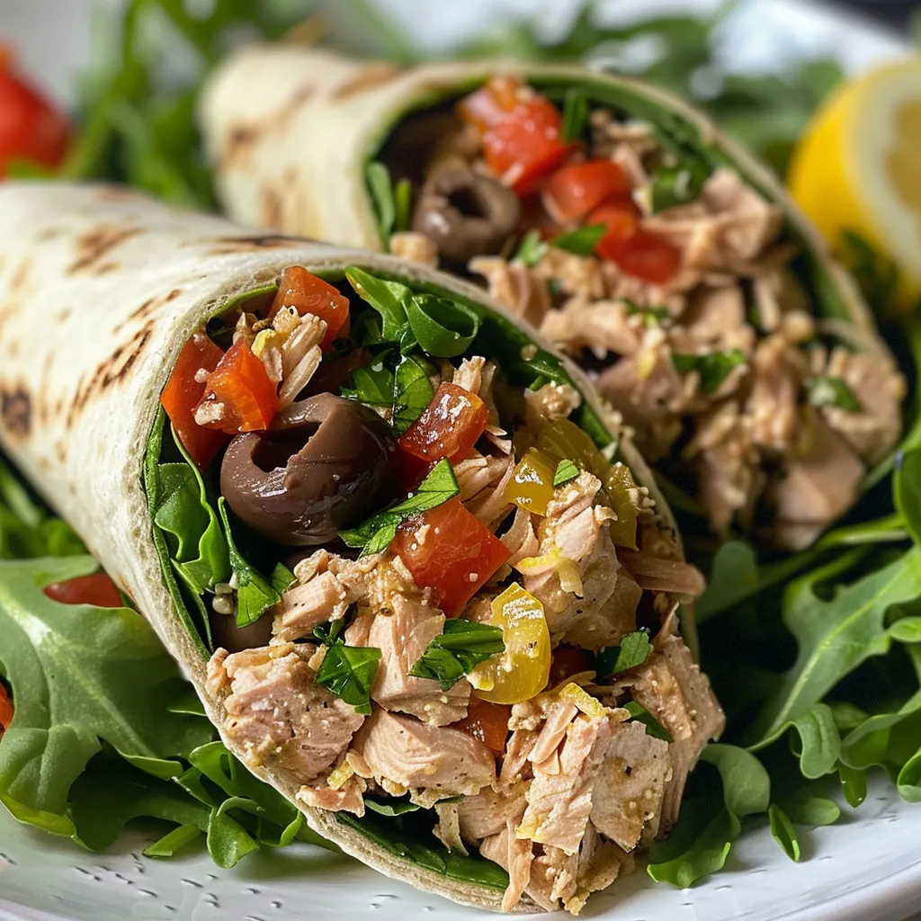 Side perspective of a juicy Mediterranean Tuna Wrap with visible fillings.