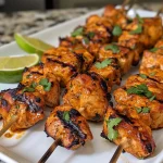 Juicy Mexican barbecue chicken skewers on a wooden table.