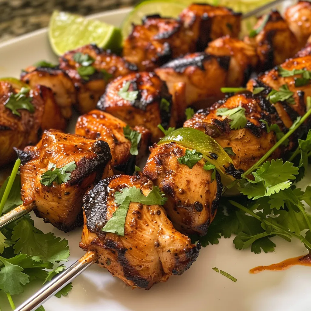 Close-up of grilled chicken skewers marinated in Mexican spices.