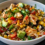 A colorful Mexican chicken and rice salad in a bowl, highlighting diced chicken, vibrant vegetables, and herbs.