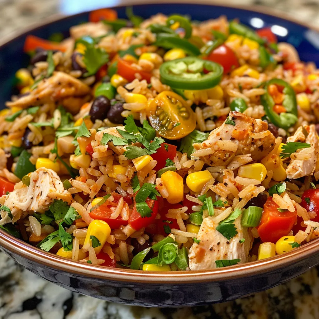 Side view of a bowl filled with Mexican Chicken and Rice Salad showcasing fresh vegetables and chicken.