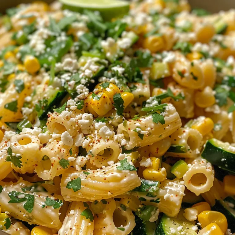 Close-up view of a colorful Mexican Street Corn Pasta Salad with fresh corn, zucchini, and herbs.