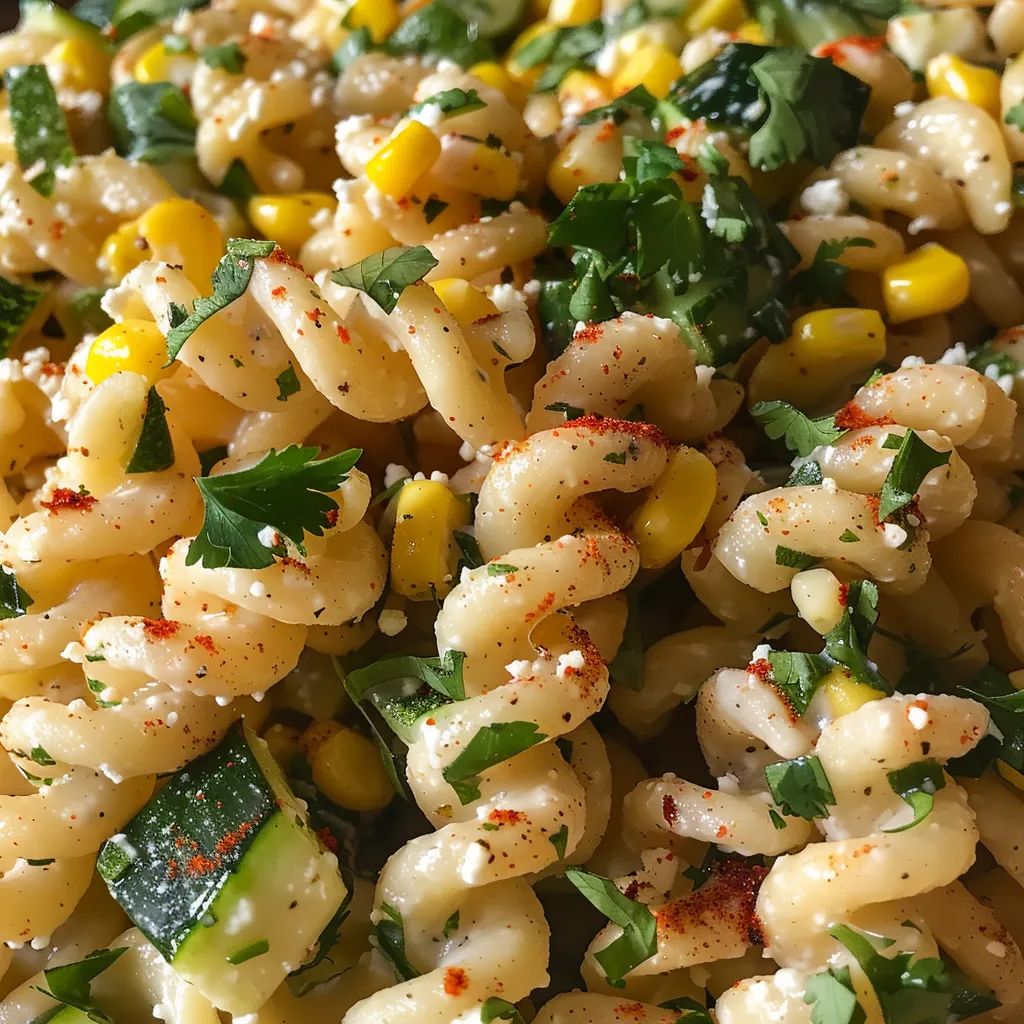 Side angle of a vibrant pasta salad featuring corn, spinach, and feta cheese in a bowl.