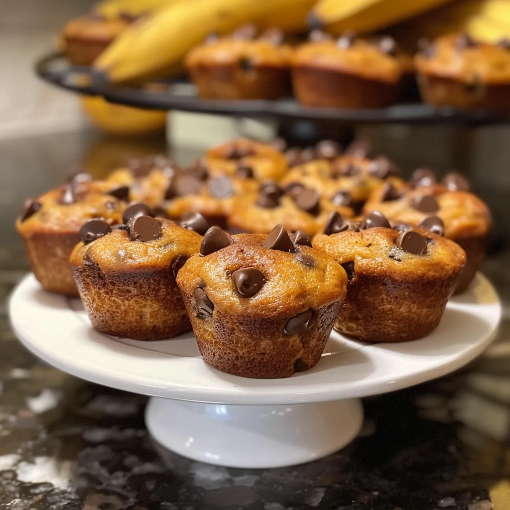 Juicy mini banana muffins with chocolate chips, displayed in a soft focus with a warm glow.