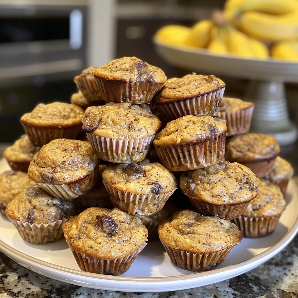 Close-up of freshly baked mini banana muffins with a few chocolate chips on top.