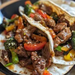Close-up view of juicy mini beef stir fry wraps on a plate.