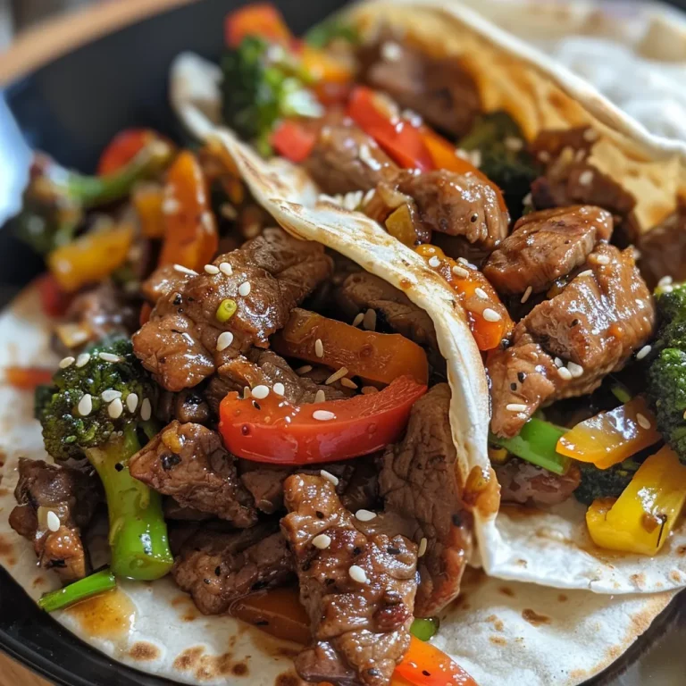 Close-up view of juicy mini beef stir fry wraps on a plate.
