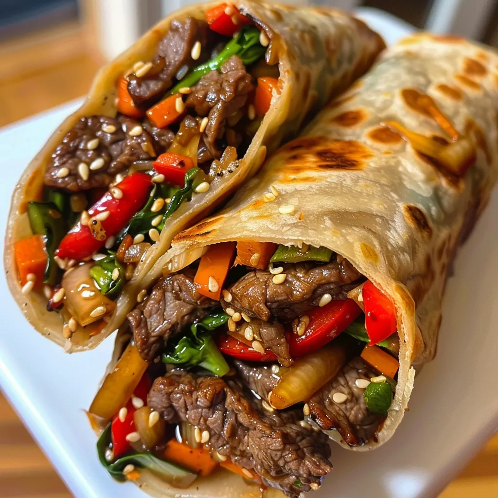Side angle of mini beef stir fry wraps filled with beef and vegetables.