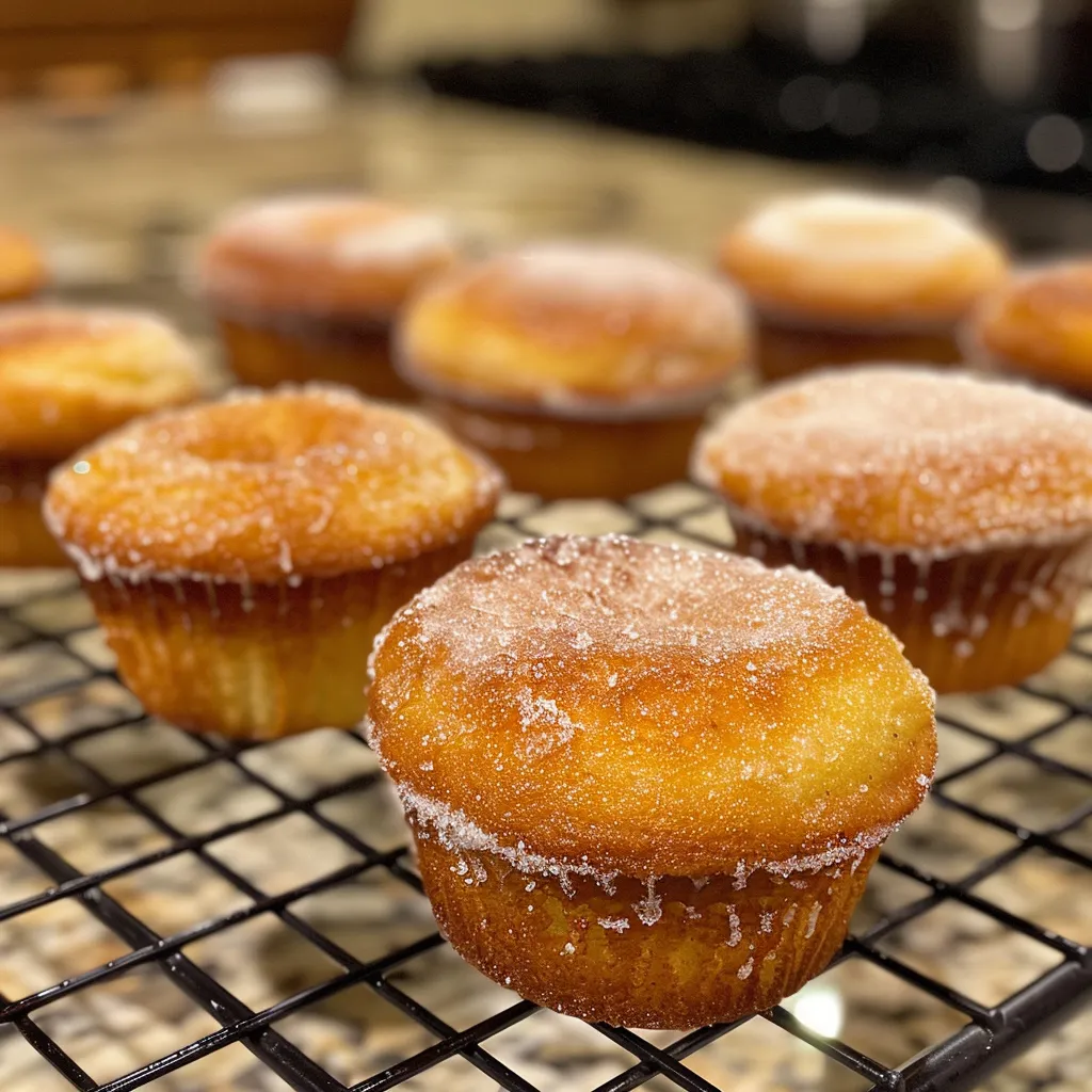 Side view of freshly baked mini donut muffins sprinkled with cinnamon sugar.