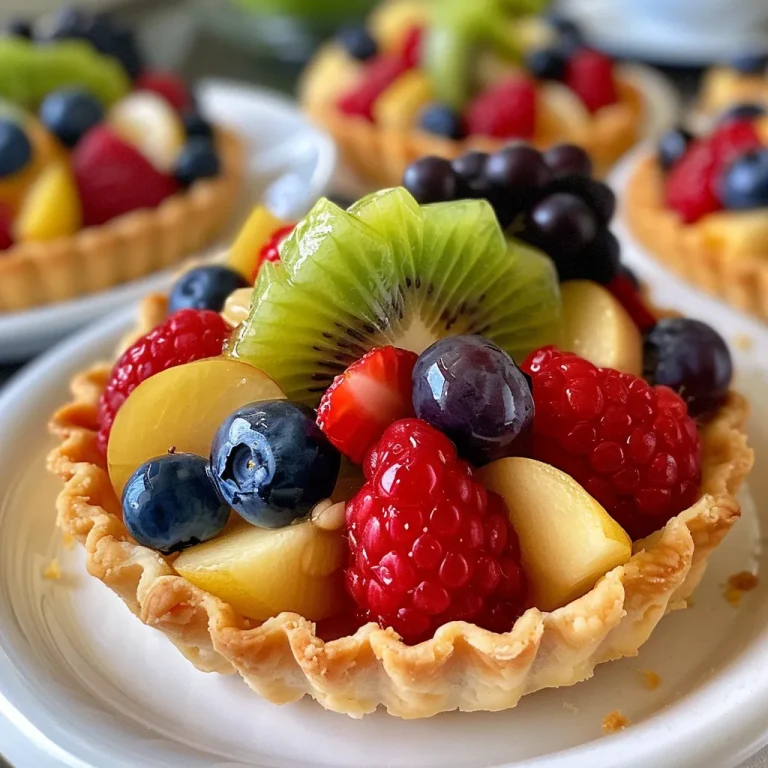 Close-up view of mini fruit tarts filled with pastry cream, topped with strawberries and blueberries.