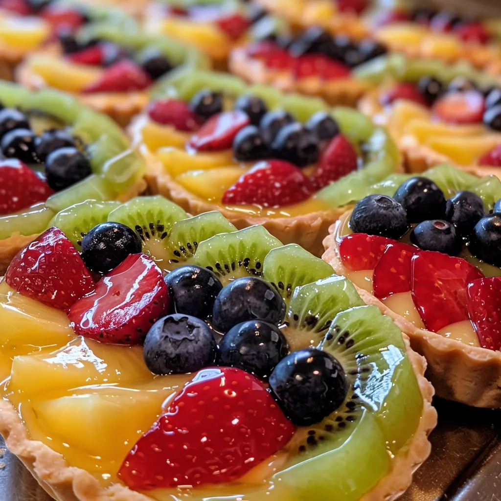 Side angle of colorful mini fruit tarts displaying vibrant berries and a creamy filling.