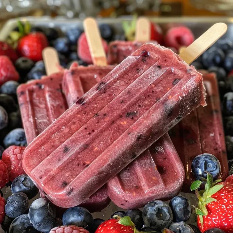 Close-up of vibrant mixed berry popsicles showing raspberries, blueberries, blackberries, and strawberries.
