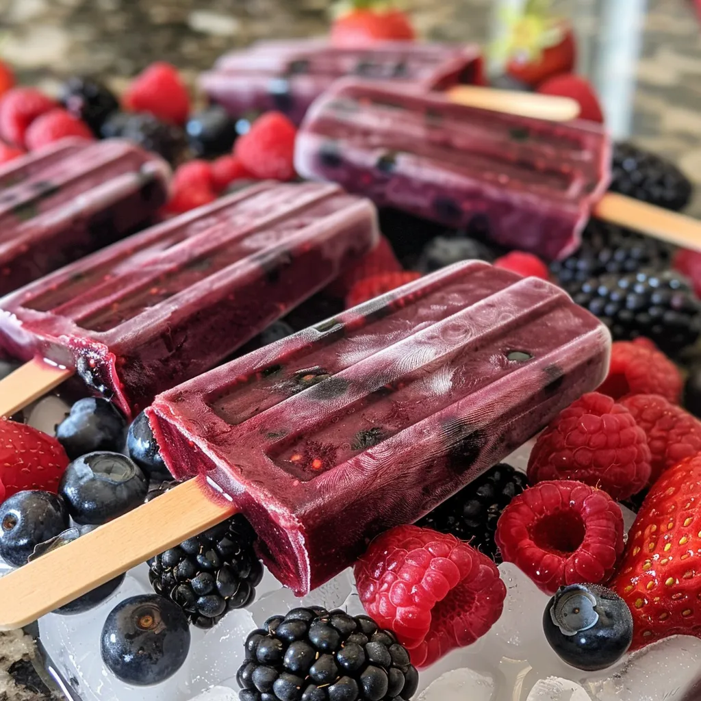 Side view of colorful mixed berry popsicles with glistening fruits visible throughout.
