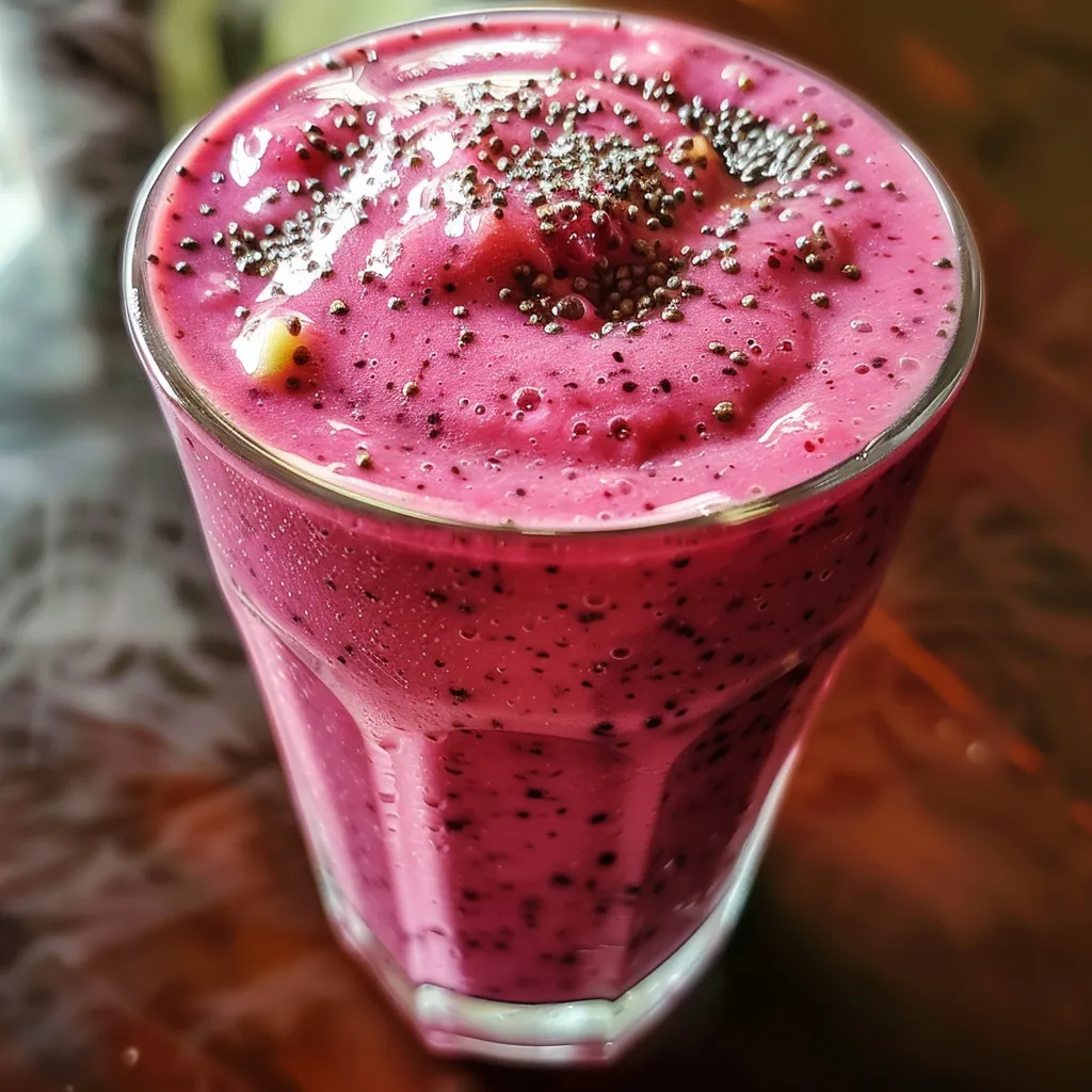 Side view of a thick mixed berry smoothie topped with a swirl of yogurt, set against a plain background.
