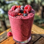 Close-up side view of a colorful mixed berry yogurt smoothie.