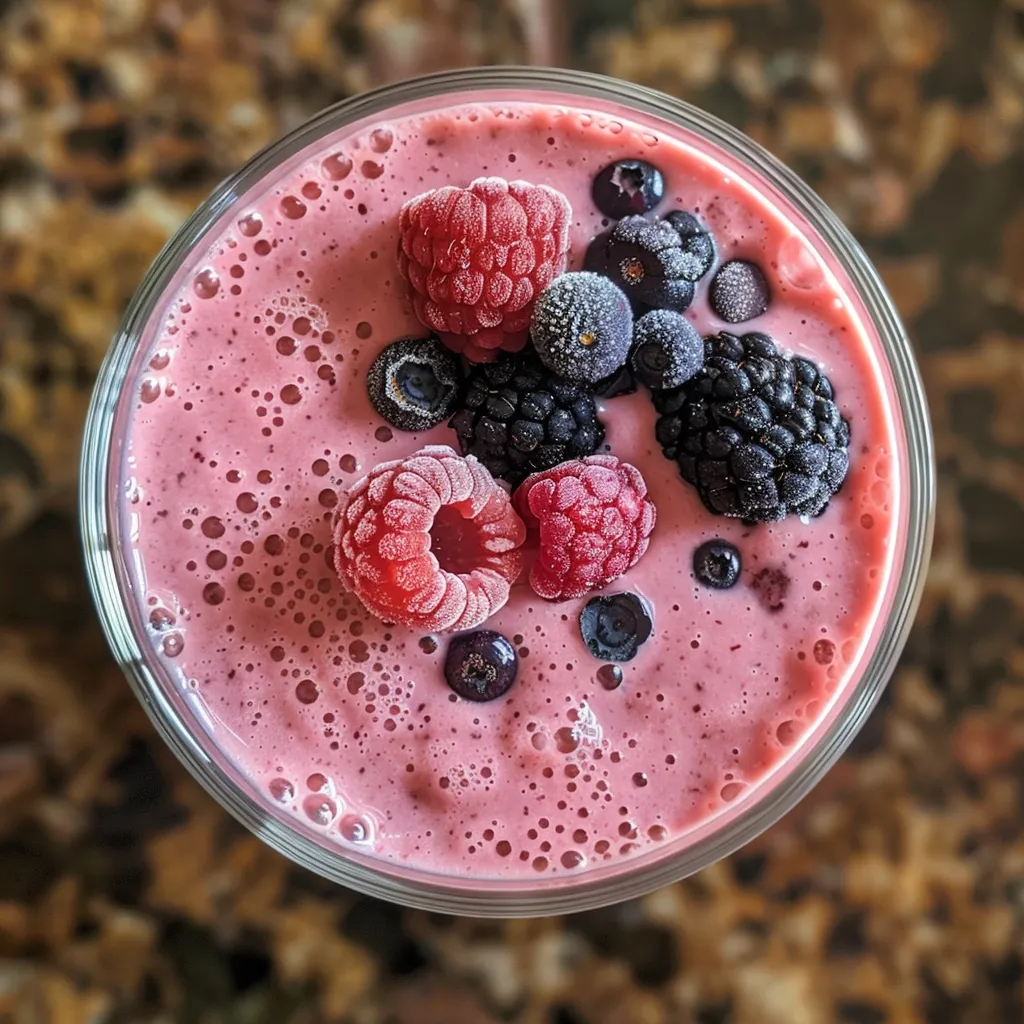 A delicious mixed berry smoothie with visible layers of fruit and yogurt.