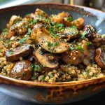 Close-up of a colorful Mixed Mushroom Freekeh Bowl with vibrant toppings and a drizzle of tahini dressing.