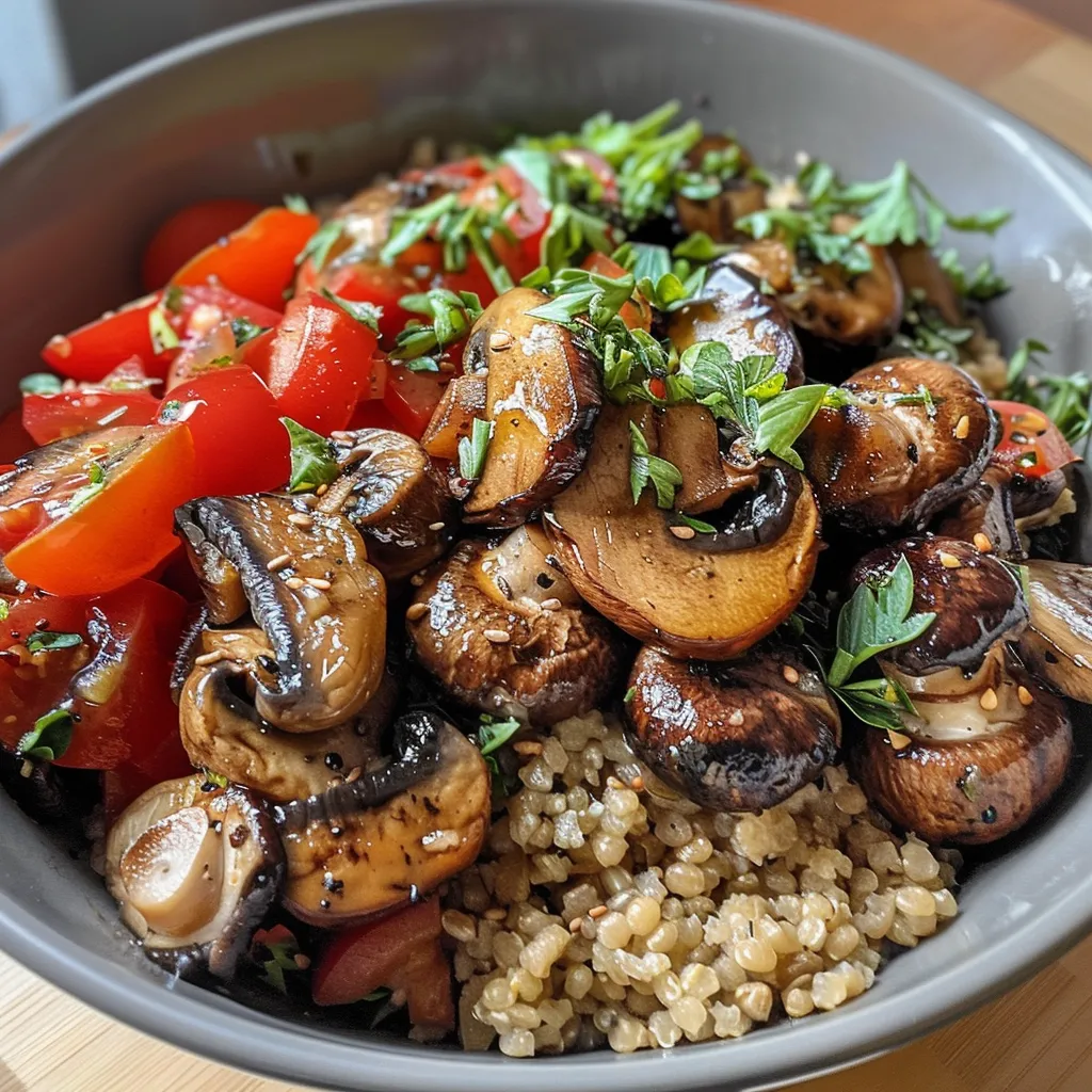Side view of a delicious Mixed Mushroom Freekeh Bowl featuring a variety of mushrooms and a creamy dressing.