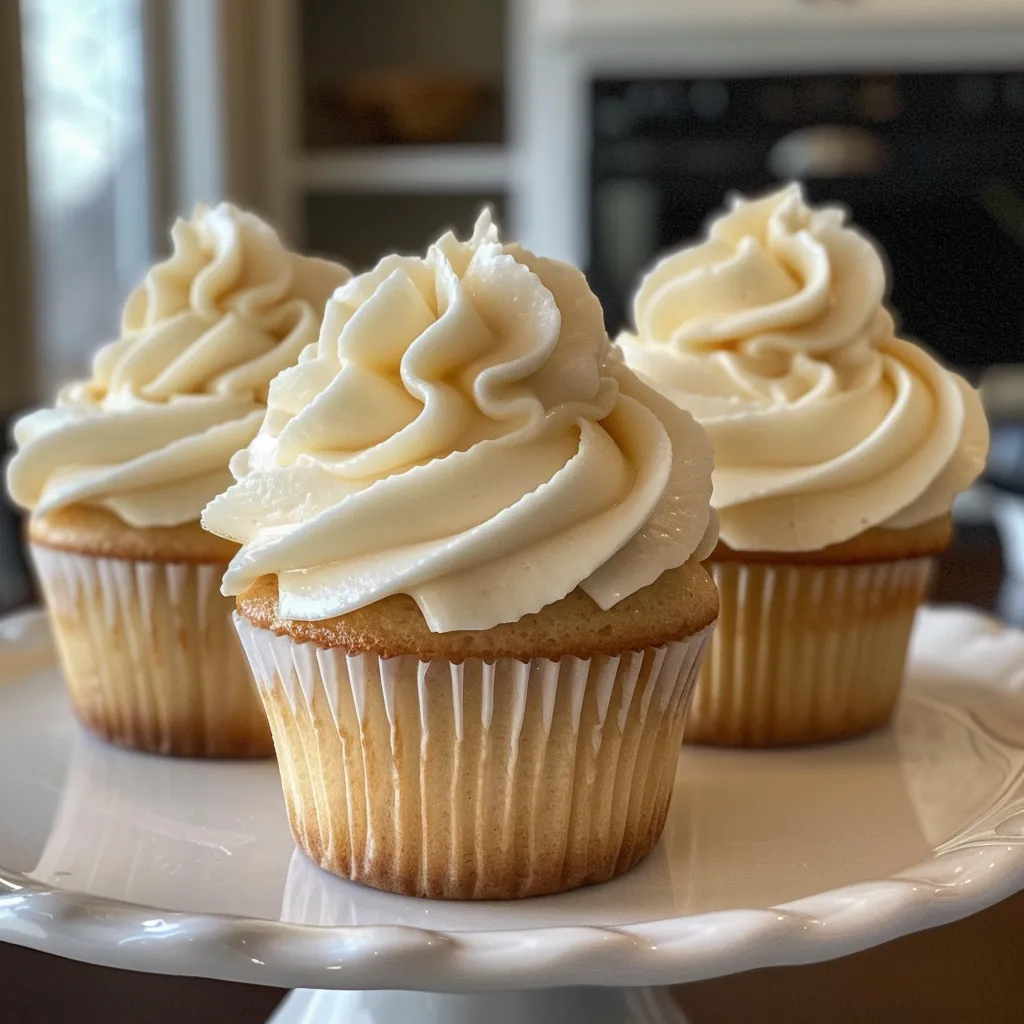 Juicy vanilla cupcakes showcased in a side view, highlighting their fluffy texture.