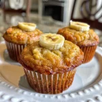 Close-up view of moist banana muffins topped with a golden crust.