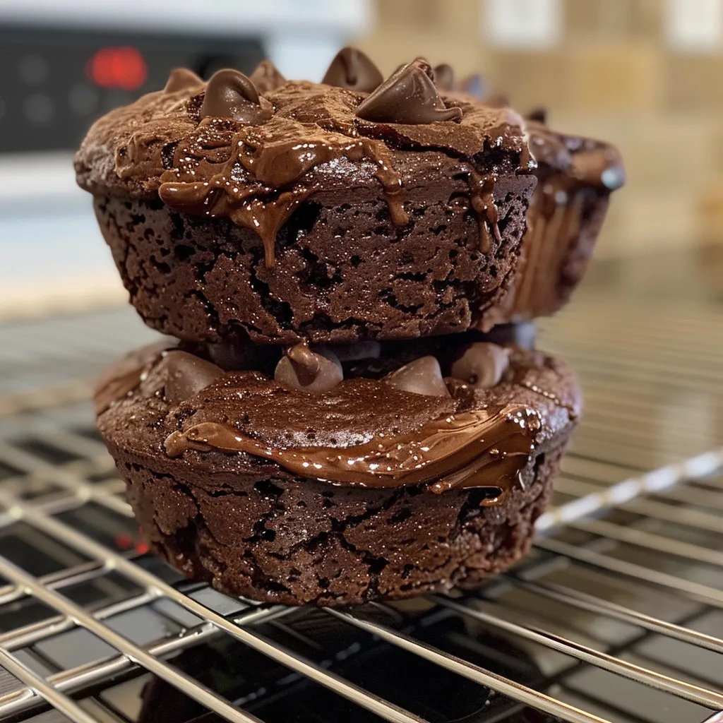 Side view of a decadent brownie muffin, showcasing its texture.