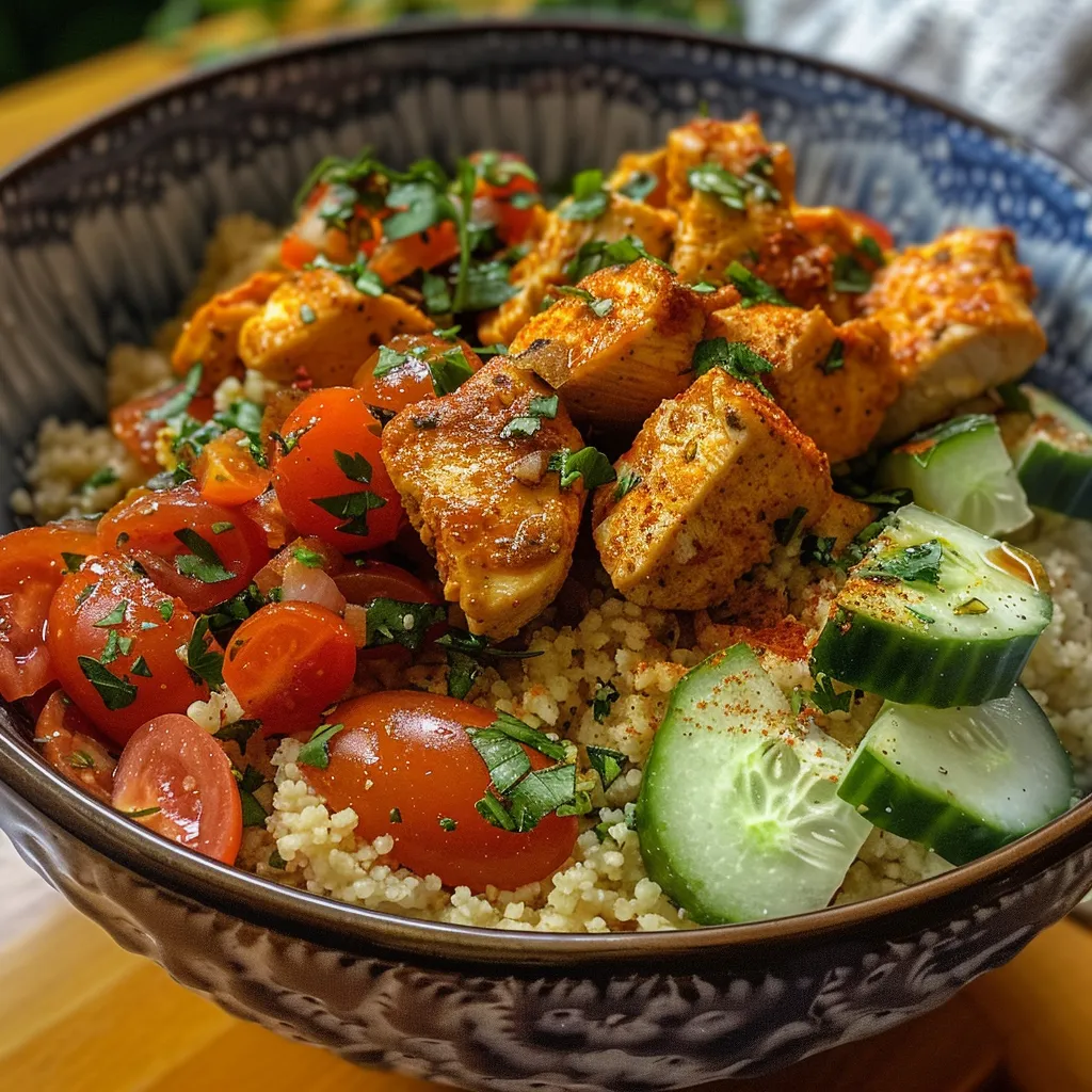 Side view of a vibrant Moroccan Chicken Couscous Bowl filled with seasoned chicken, diced cucumbers, and cherry tomatoes.