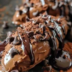 Close-up view of a chocolate-dipped ice cream cone filled with chocolate cream.