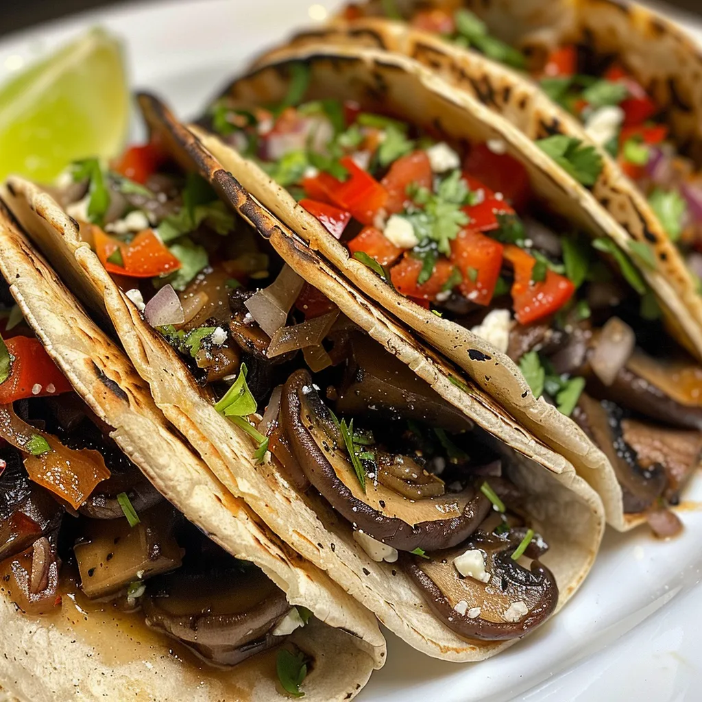 An iPhone photo of delicious mushroom tacos filled with portobello mushrooms and peppers.