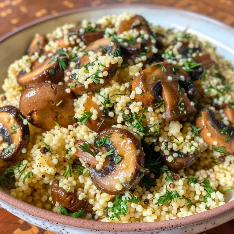 Close-up view of a bowl of Mushrooms Couscous garnished with fresh herbs.