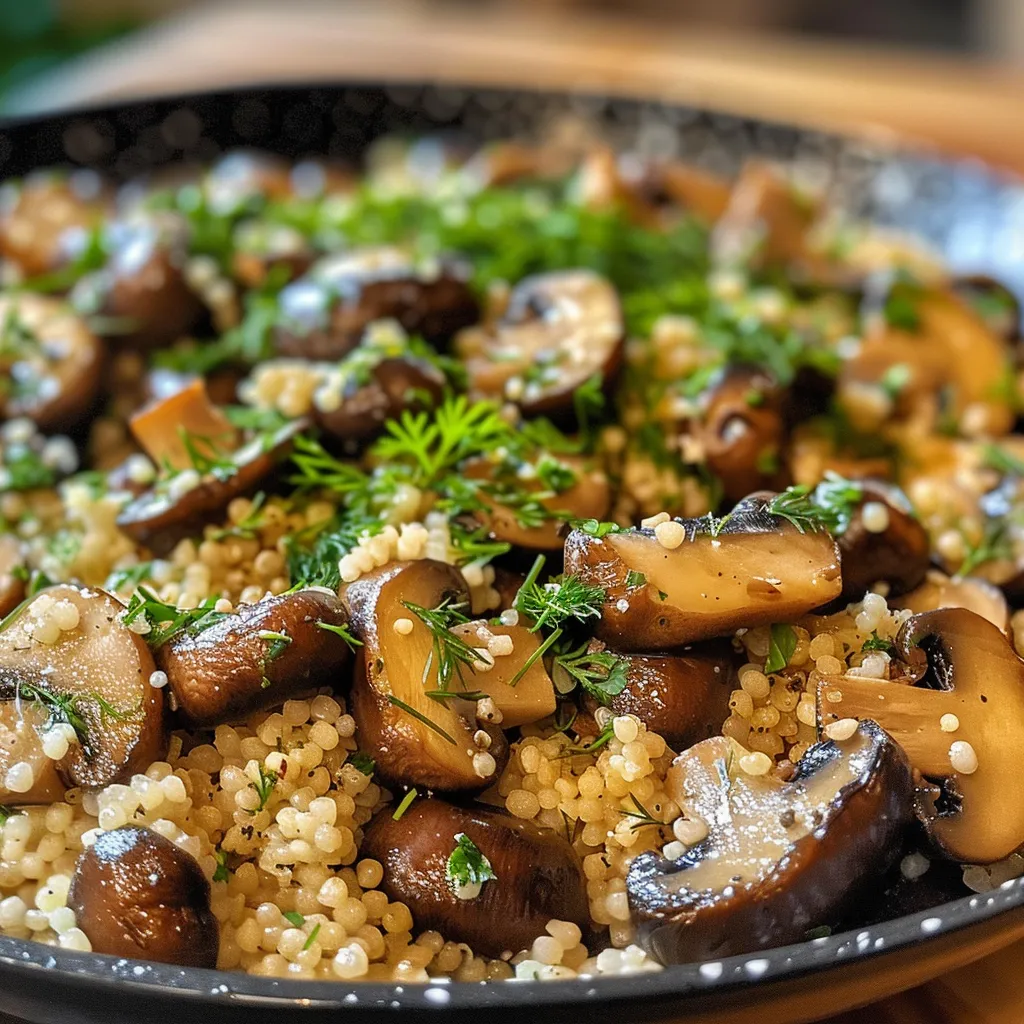 Side view of a serving of Mushrooms Couscous with visible mushrooms and herbs.
