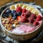 Close-up view of a colorful Ninja Creami Smoothie Bowl topped with fresh berries and sliced banana.