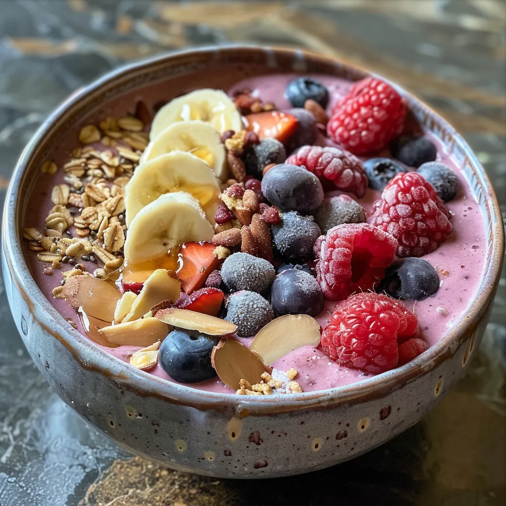 Side view of a vibrant smoothie bowl with mixed berries, banana slices, and granola.