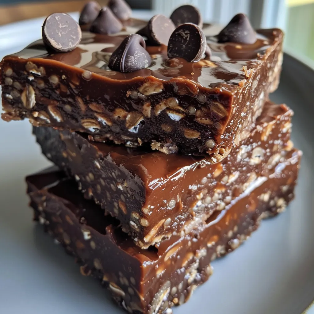 Side view of delicious No-Bake Chocolate Chia Oat Bars showcasing their layered ingredients.