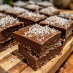 A close-up view of No-Bake Chocolate Coconut Bars showcasing a chocolatey top and shredded coconut.