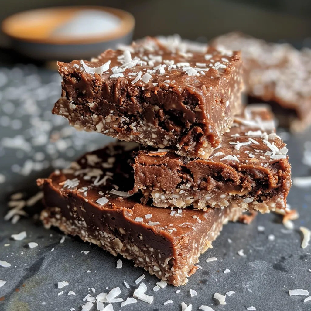 Side view of No-Bake Chocolate Coconut Bars with a glossy chocolate finish and coconut flakes on top.