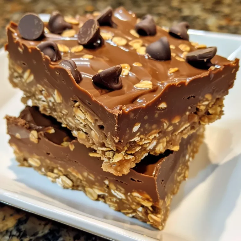 Close-up of No Bake Chocolate Oat Bars with visible chocolate and oat layers.