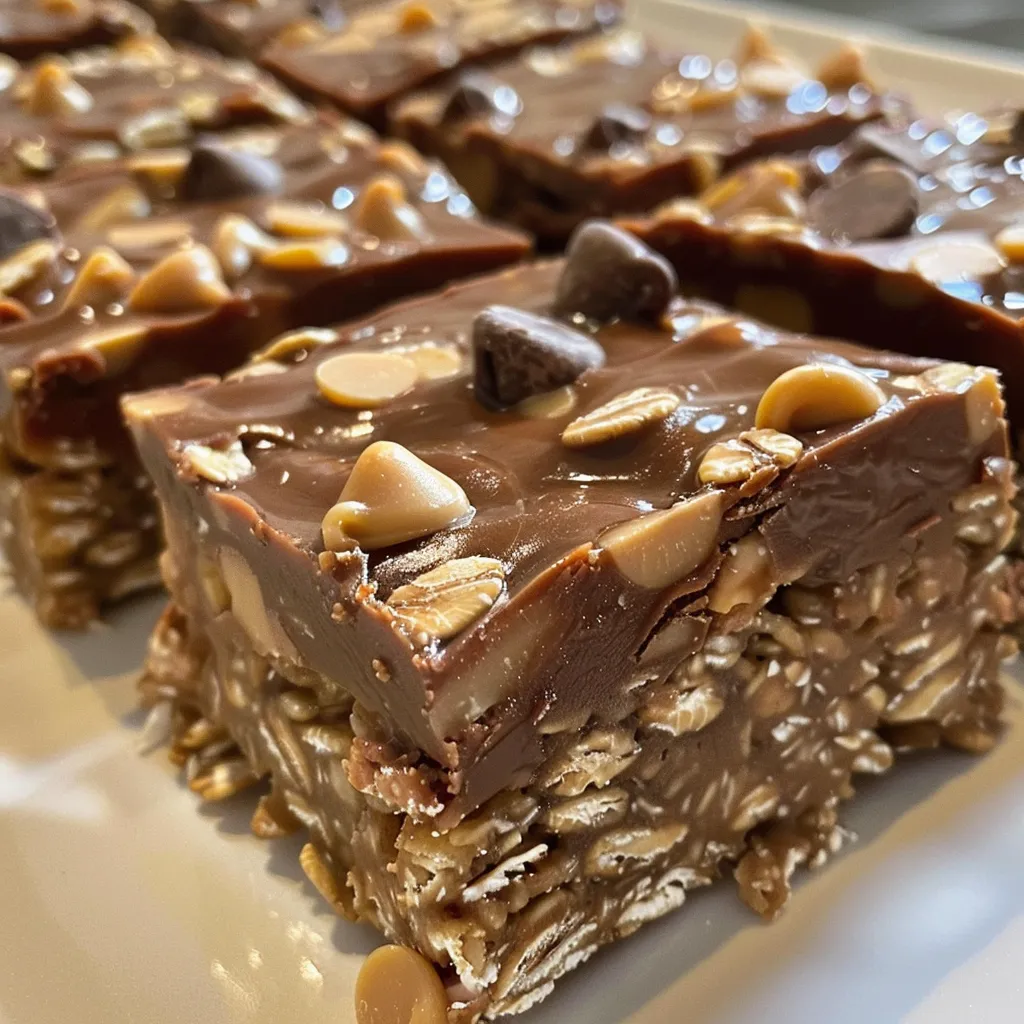 Side view of chocolate oat bars showcasing a rich, gooey texture.