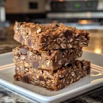 Close-up of a chocolate oatmeal bar on a white plate, showcasing its rich, gooey texture.