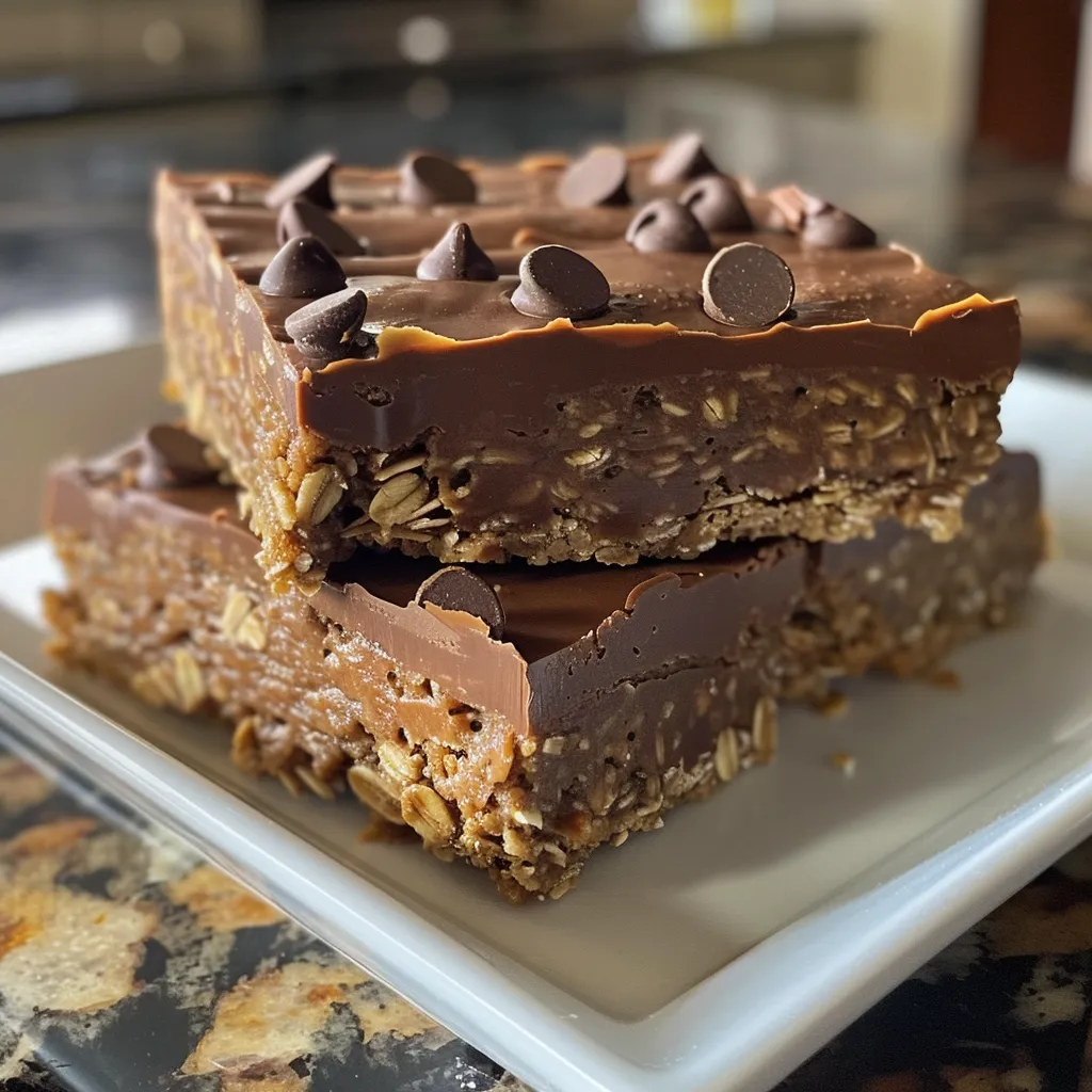 Side view of no-bake chocolate oatmeal bars with a glossy chocolate topping, resting on a rustic wooden table.