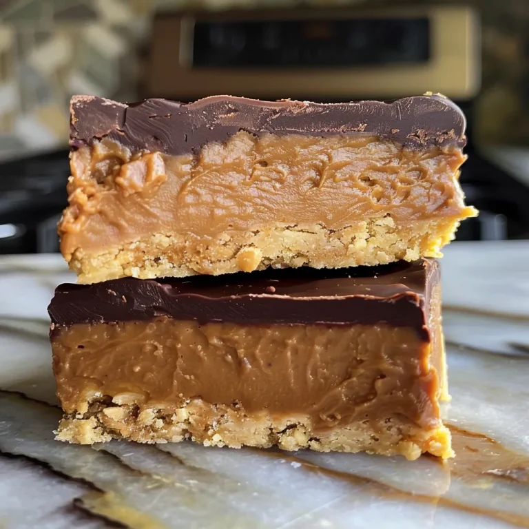 Close-up view of a sliced chocolate peanut butter bar with a glossy chocolate topping.