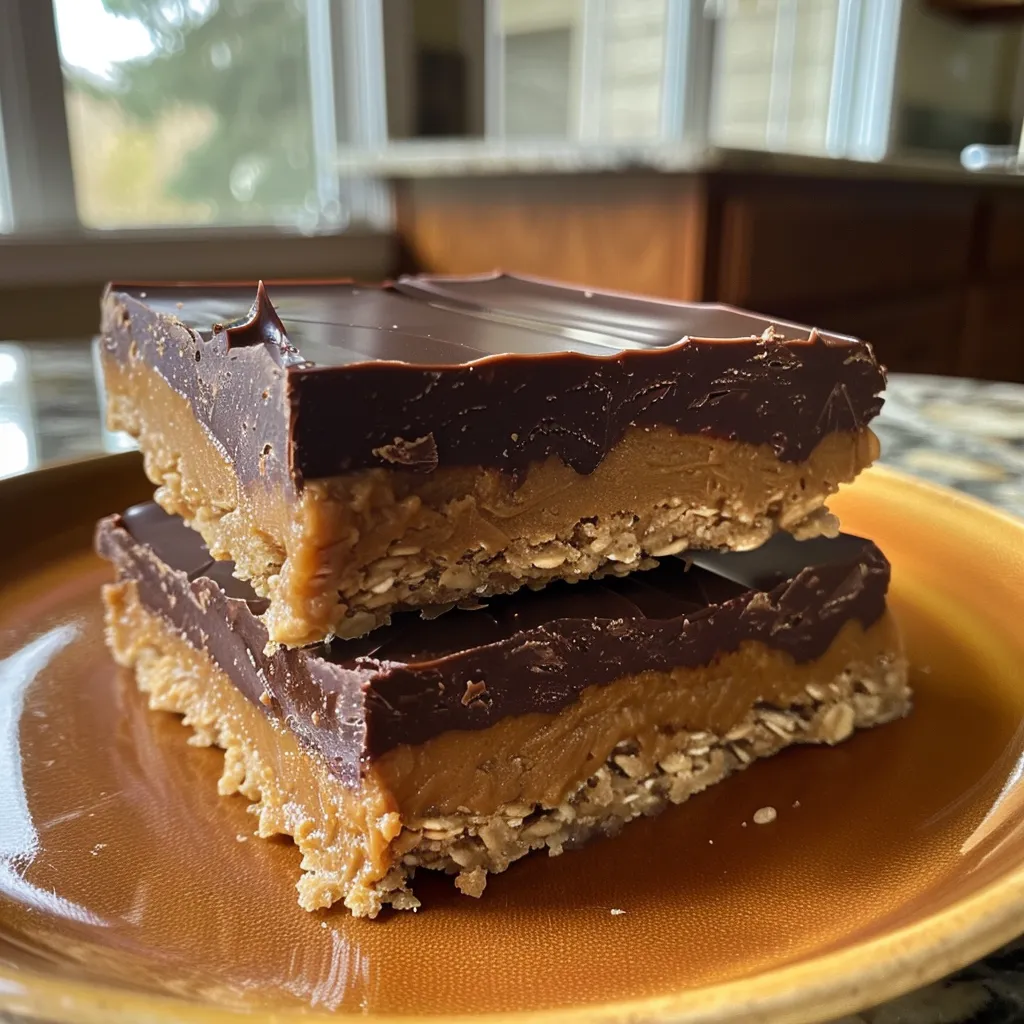 Side view of a decadent no-bake chocolate peanut butter bar, highlighting its creamy layers.
