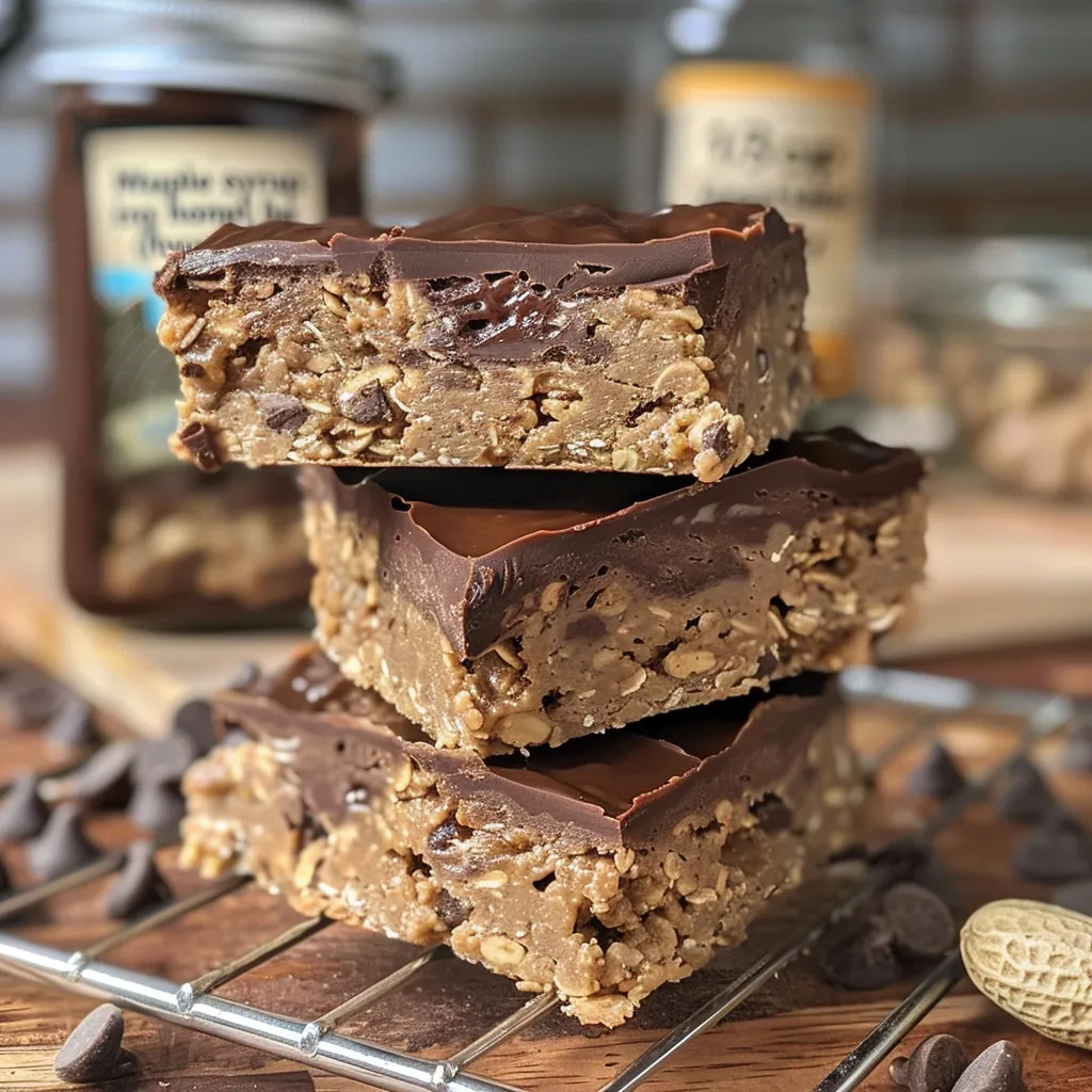 Side view of textured oatmeal bars showcasing melted chocolate and peanut butter drizzle.