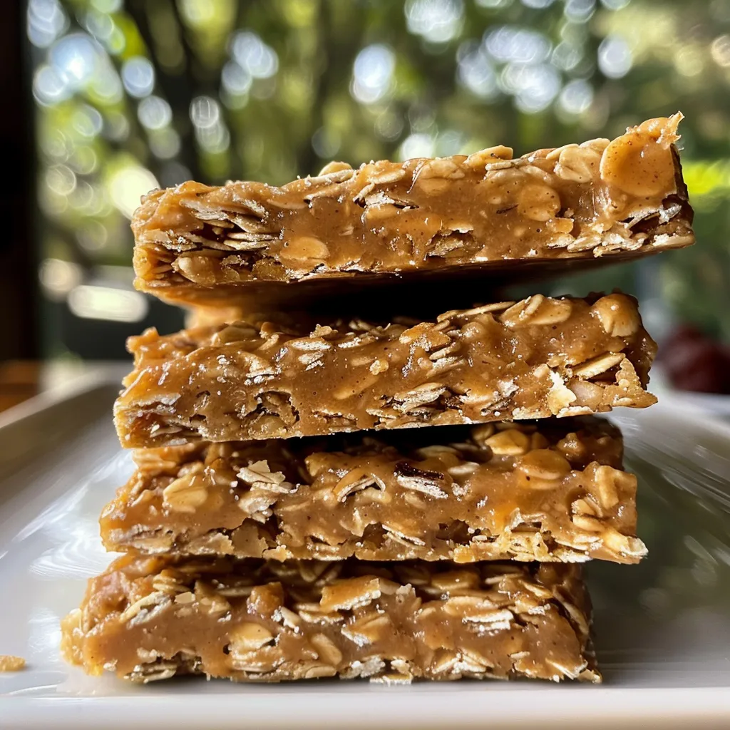 Side view of delicious no-bake granola bars, featuring visible oats and chocolate chips against a rustic backdrop.