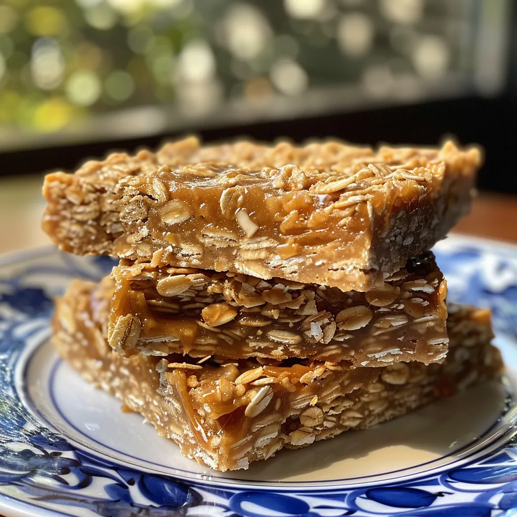 Side view of delicious no-bake oat bars showcasing their chewy texture and oatmeal base.