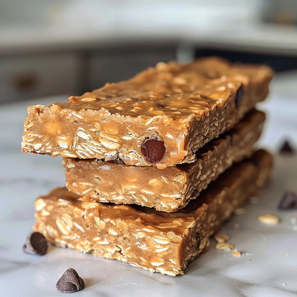 Side view of homemade No Bake Oatmeal Protein Bars stacked on parchment paper.